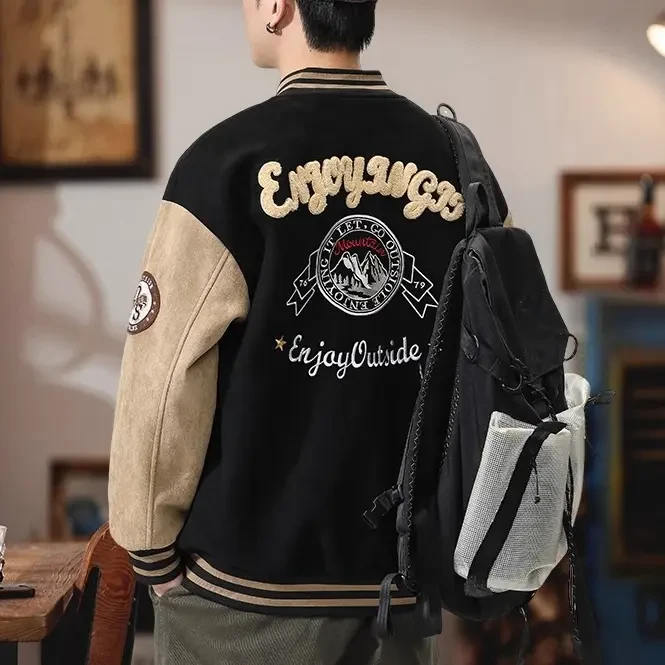 美式高端麂皮绒棒球服男秋冬宽松大码休闲刺绣上衣服痞帅夹克外套