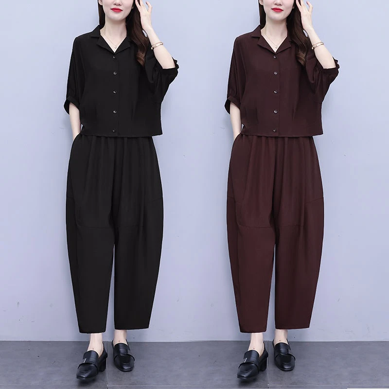 洋气减龄遮肉妈妈装时尚套装2025新款宽松短袖衬衫哈伦裤两件套夏