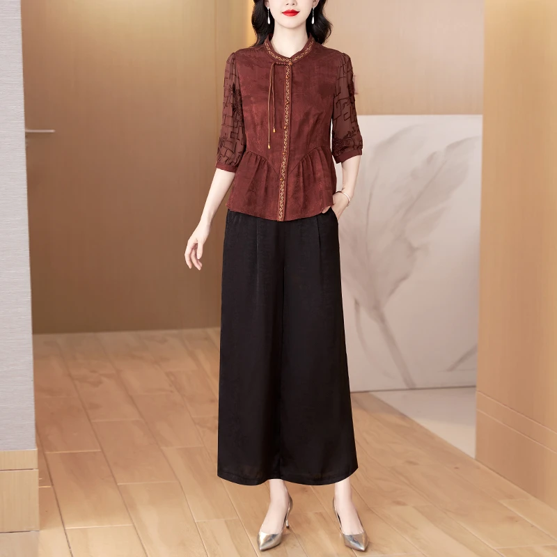 夏季妈妈洋气套装2025新款中老年女高端品牌仿桑蚕丝香云纱两件套