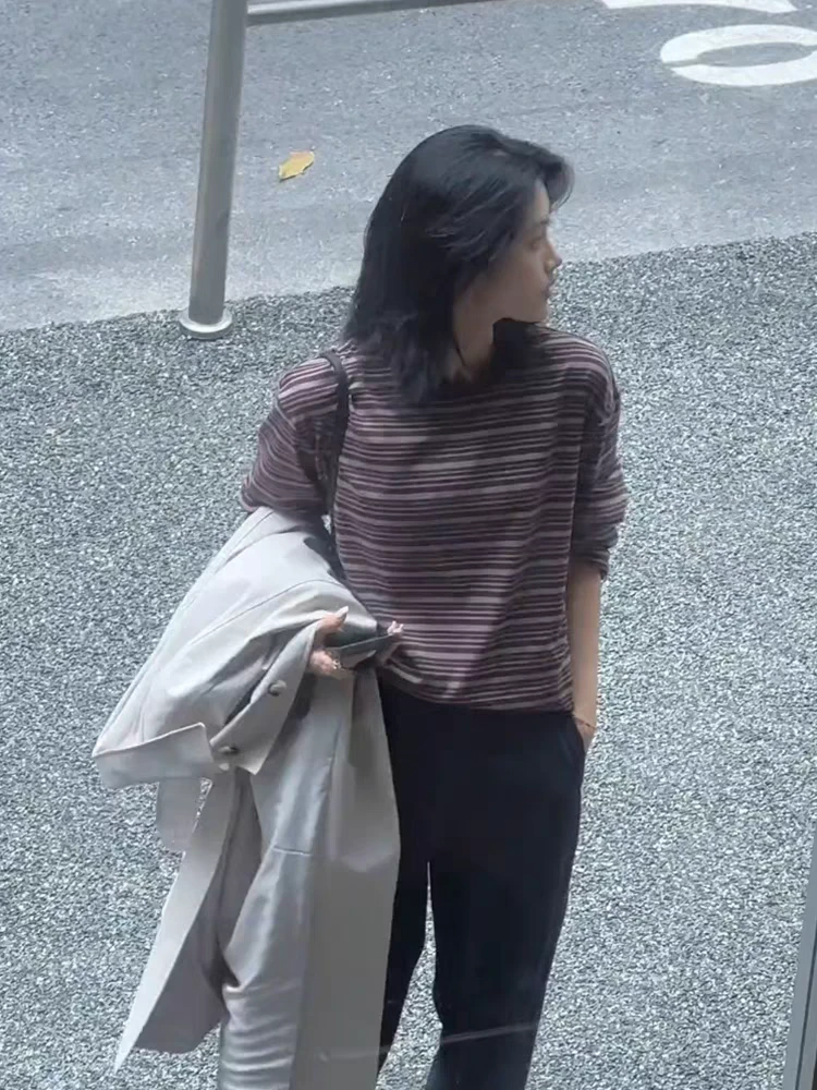 大梦家「绝美！松弛慵懒」早秋慵懒风圆领条纹长袖纯棉T恤长T打底衫