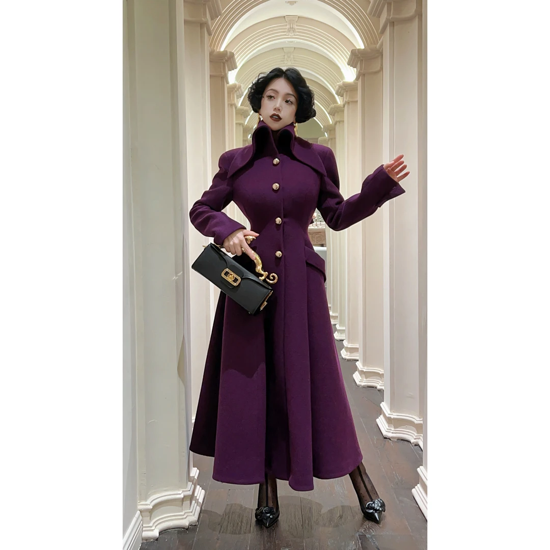LYXJ【庄园风华 】长款紫女毛呢秋冬鱼尾外套10768