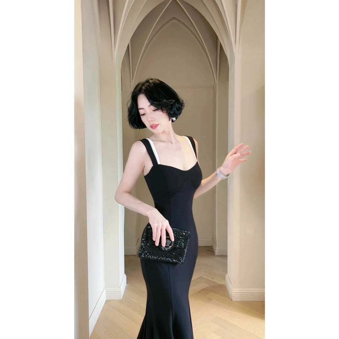 LYXJ【人鱼晚宴】夏季撞色鱼尾吊带连衣裙10730