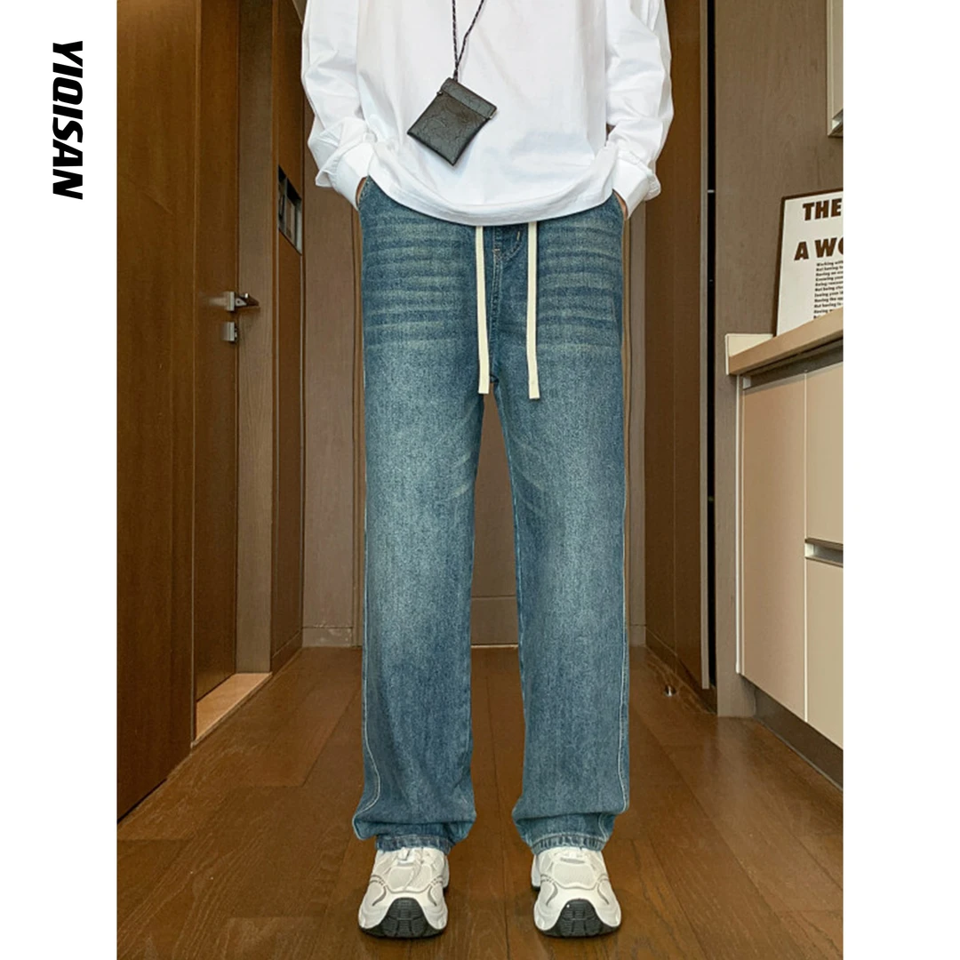 美式复古休闲牛仔裤系带宽松直筒猫须阔腿裤情侣百搭长裤YS72