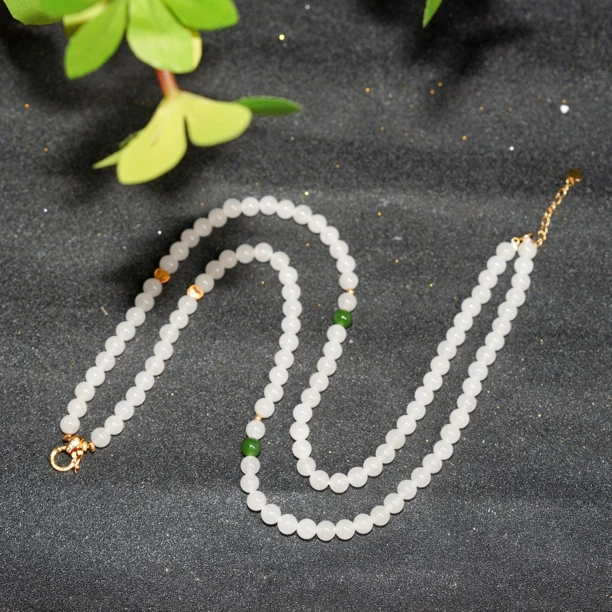 S925银天然新疆羊脂白玉和田玉珠链油润长款毛衣链diy万能链*6mm