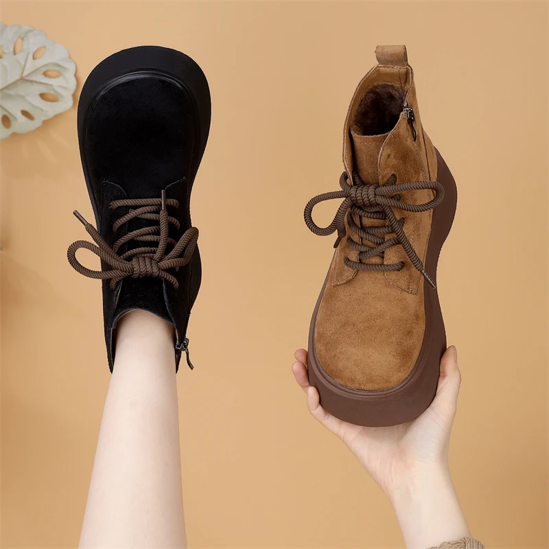 复古绒面马丁靴女2025秋冬新款厚底加绒加厚棉靴增高显瘦百搭短靴