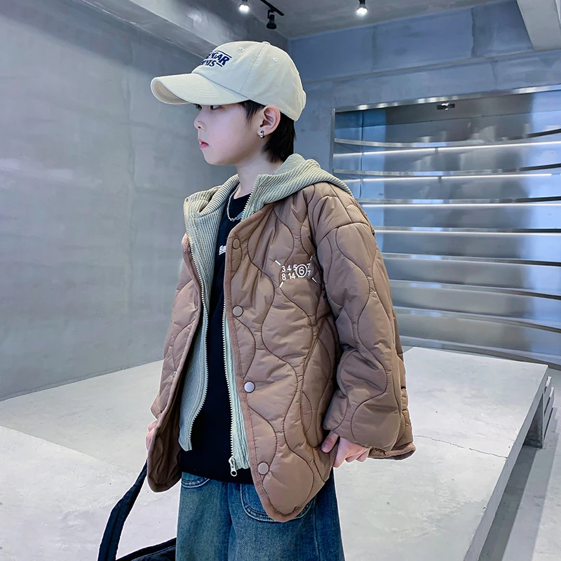 男大童秋冬装假两件轻薄夹棉棉服2023新款儿童冬季保暖K234MF3729
