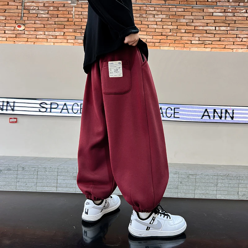男童秋冬款一体绒酒红色运动裤2023新款男孩长裤儿童冬K234KZ3642