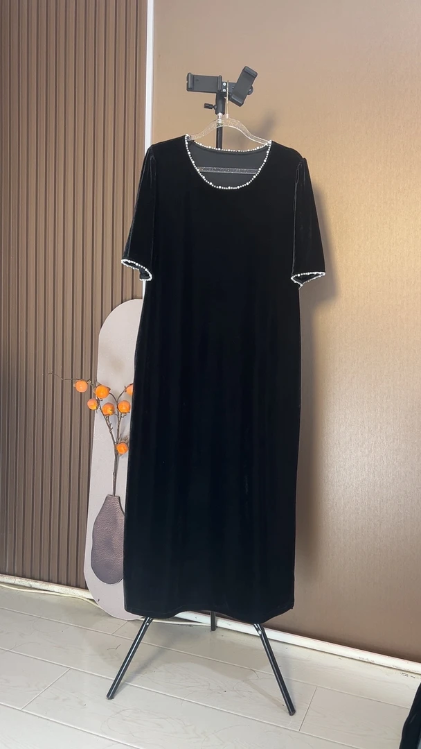 【家和】夏秋气质串珠百搭时尚简约丝绒连衣裙【990】