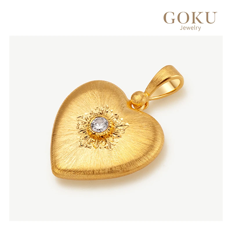 GOKU18K金吊坠女爱心拉丝钻石坠复古手工时尚设计师轻奢K金颈饰