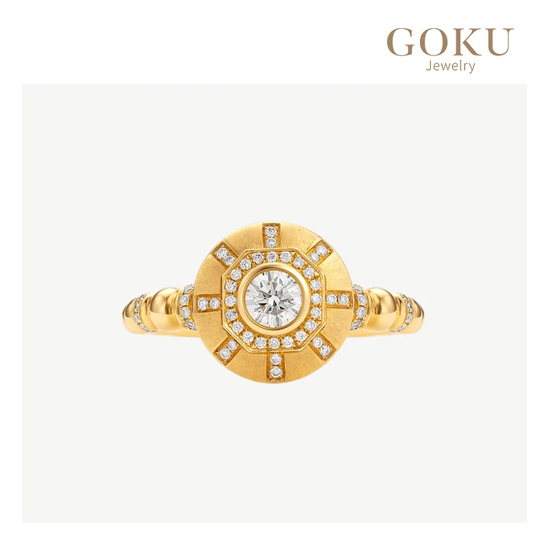GOKU18K金戒指女飞碟钻戒轻奢钻石镶嵌复古风气质时尚精致金戒指