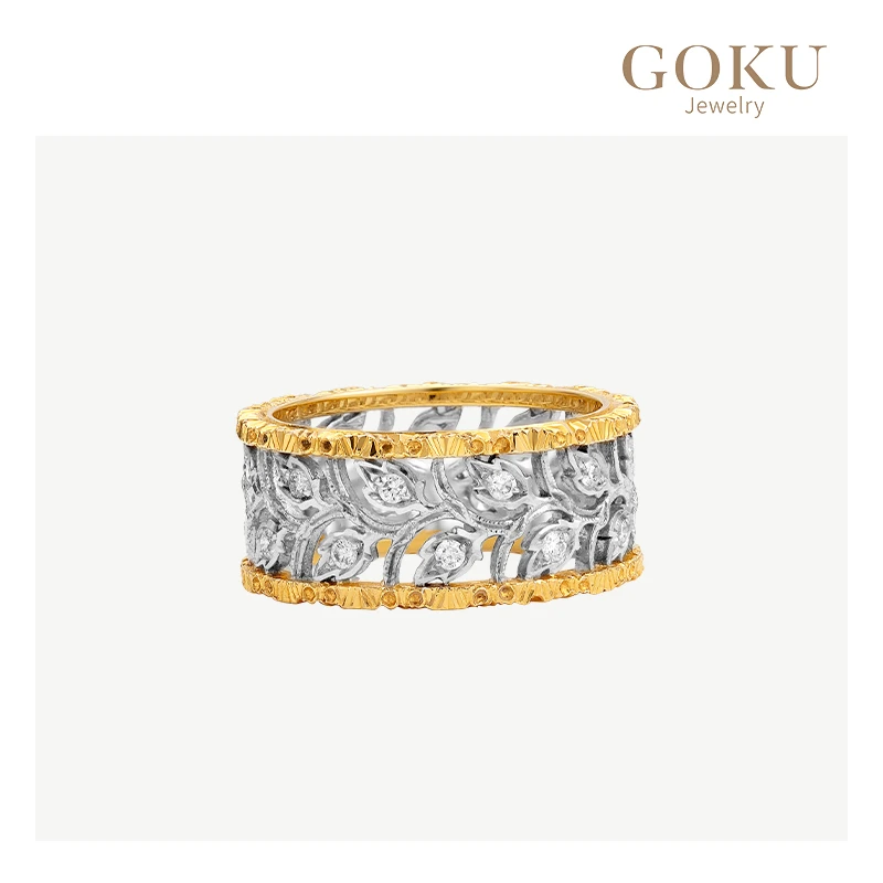 GOKU18K金戒指女雕金钻戒纯手工双色镶钻时尚轻奢经典欧美金戒指