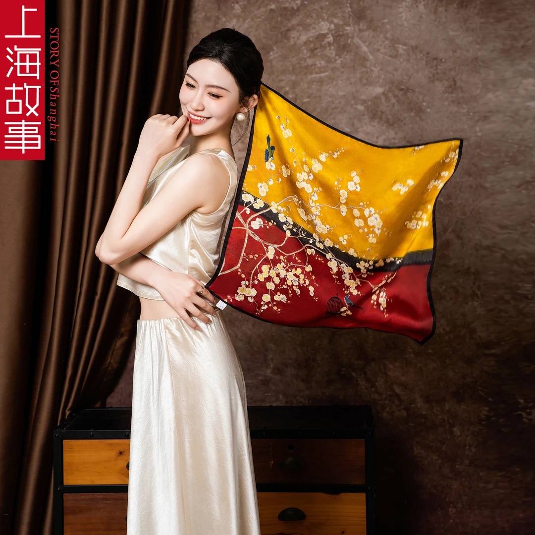上海故事E01时尚复古真丝丝巾故宫春梅53cm女士小方巾