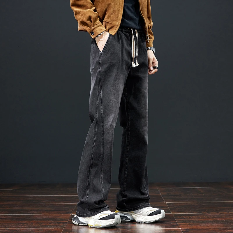 CANELIN KISKHA秋冬男士遮肉修腿潮流微喇舒适休闲抽绳裤腰牛仔裤