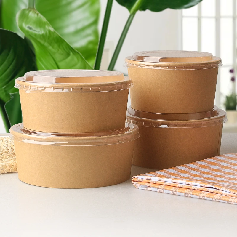 牛皮纸打包餐盒一次性纸碗圆形沙拉碗外卖快餐打包盒野餐盒带盖