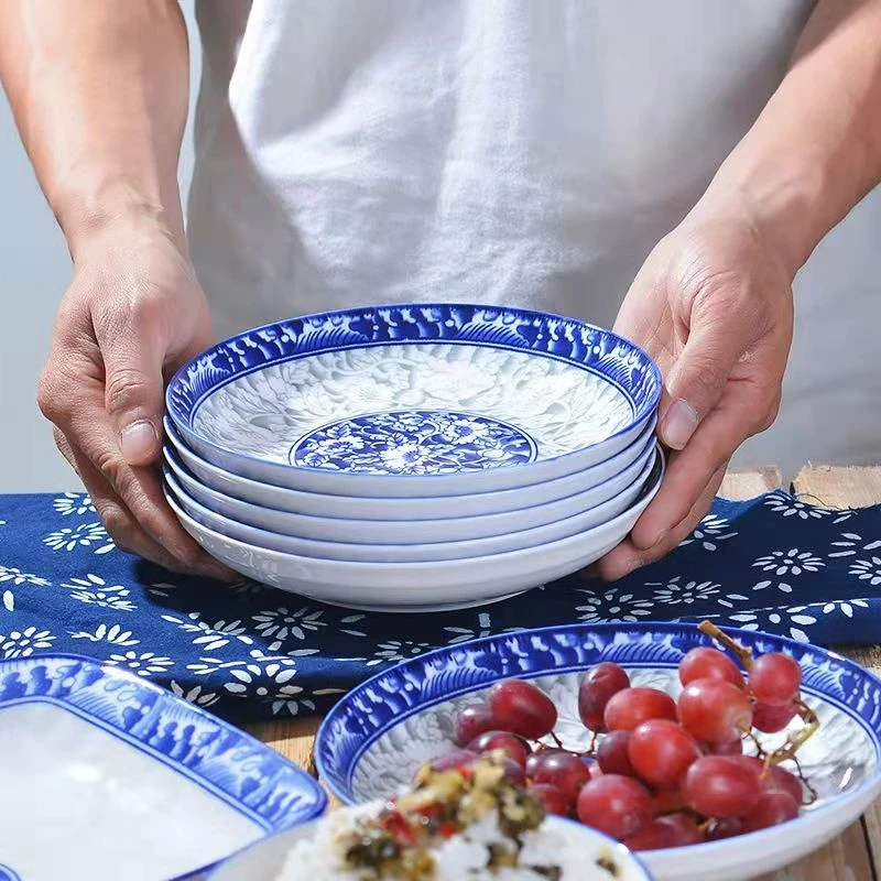 【青花8英寸深盘6个装】陶瓷釉下彩青花瓷盘子炒菜盘子家用小碟子