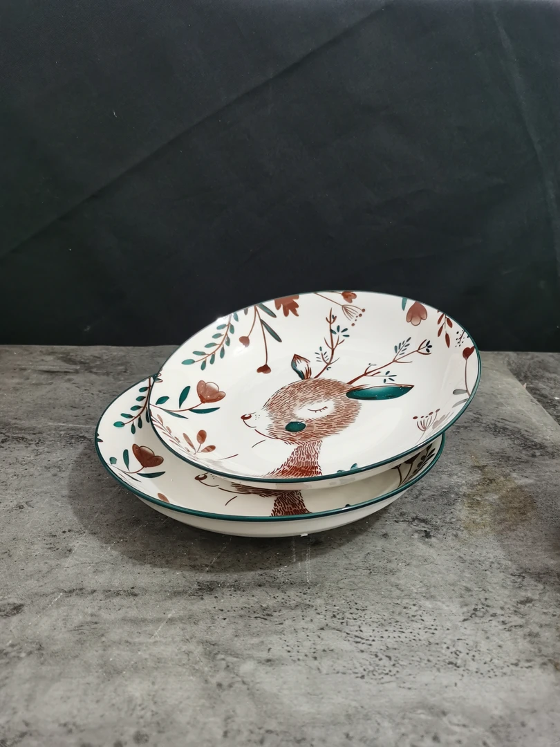 小鹿8英寸圆盘6只装家用炒菜盘子耐高温碟子微波炉可用陶瓷盘子