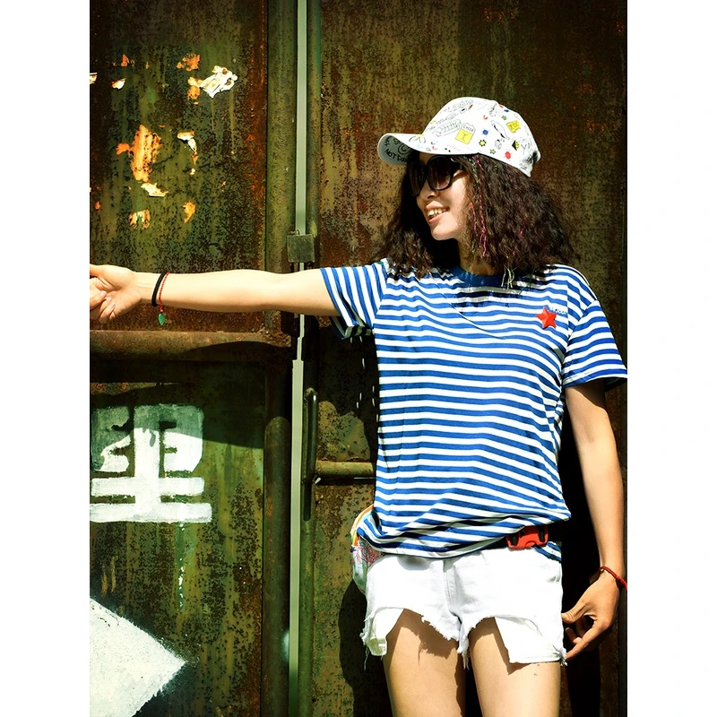 北京森林户外弹力修身快干衣蓝白条纹速干透气海魂衫短袖男女式