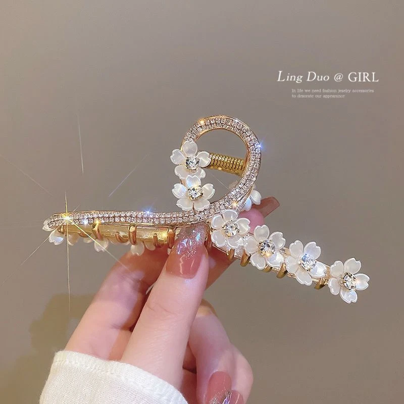 金色花朵大号水钻抓夹金属发夹