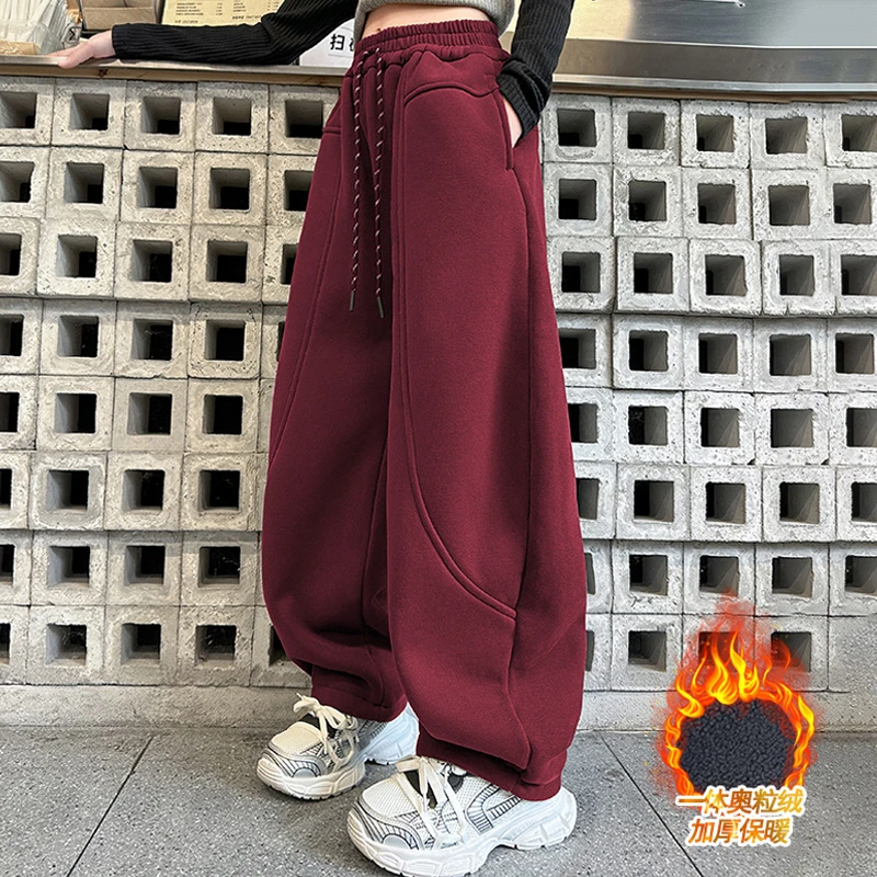 女童加绒裤子秋冬款2024新款儿童休闲弯刀裤外穿冬装大童加厚长裤