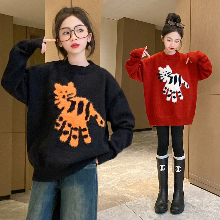 女童毛衣6-12岁潮款秋冬慵懒风针织打底衫女孩外穿加厚中长上衣