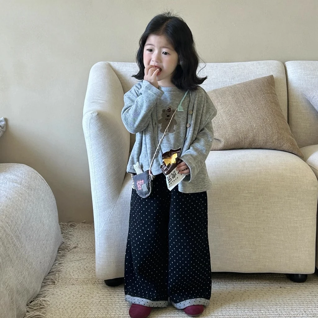 女童卡通背心小开衫套装秋装新款韩版洋气儿童圆点直筒裤女宝秋季