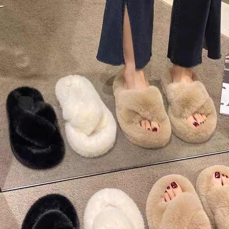 2024秋冬交叉网红爆版厚底外穿毛毛鞋女软底韩版百搭时尚毛拖鞋女