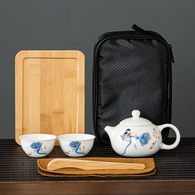 旅行功夫茶具小套装家用陶瓷盖碗茶杯整套户外便携式收纳简约白瓷