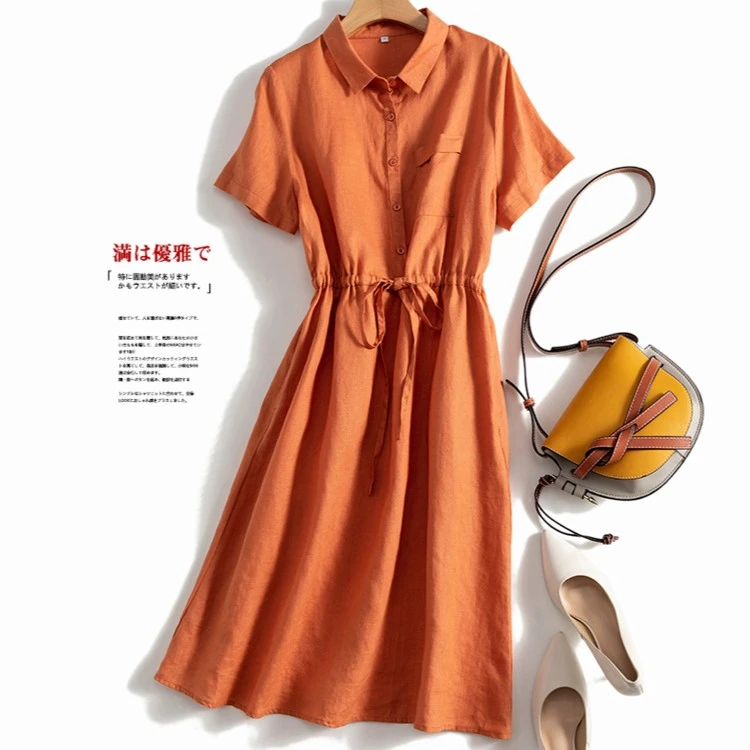 外贸出口日单客供纯亚麻简约气质通勤翻领直筒舒适短袖衬衫连衣裙