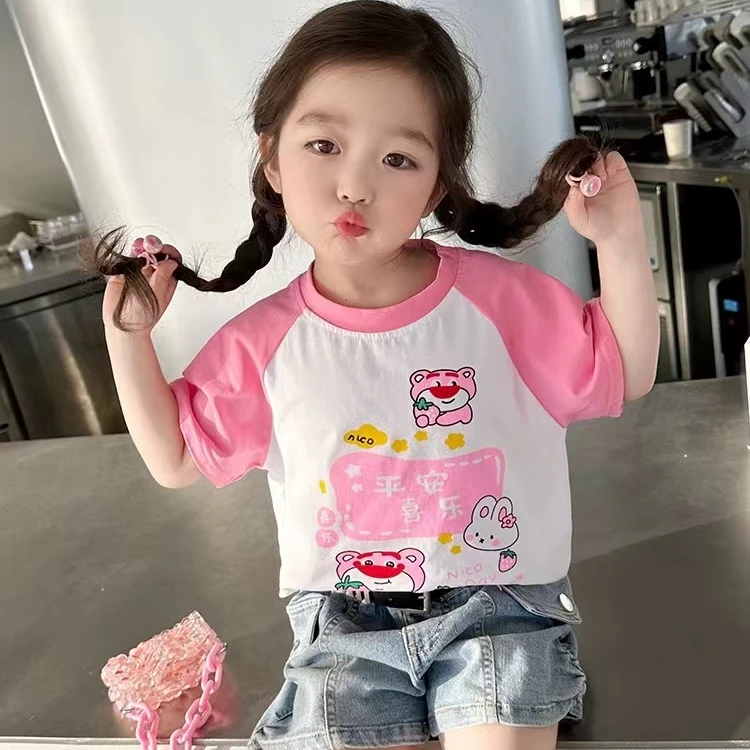 设计感亮灯儿童短袖t恤男女童夏季新款卡通上衣宝宝撞色圆领上衣