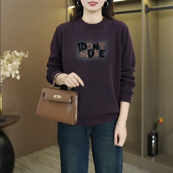 冬季百搭加绒圆领卫衣宽松长袖时尚刺绣女士上衣休闲显瘦遮肉洋气