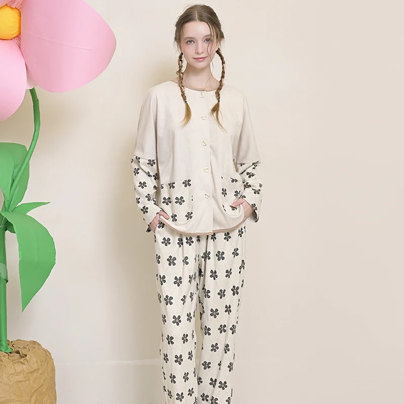 曼宅家俱乐部睡衣两件套加厚粗线针织女花田少女家居服可外穿保暖