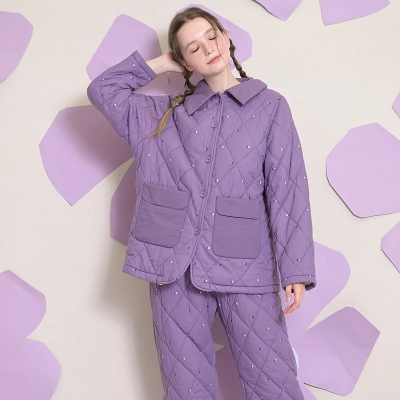 曼宅家俱乐部睡衣加厚全棉提花女冬加绒保暖意蕴家居服加厚加绒