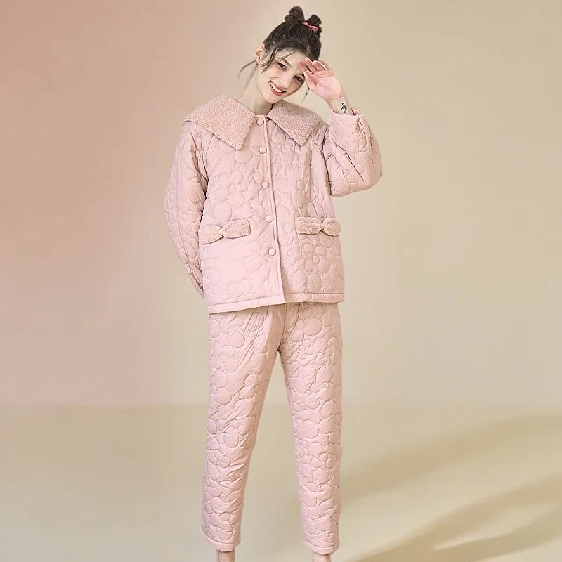 曼宅家俱乐部睡衣两件套加厚加绒加厚家居服女冬加厚加绒外出可穿