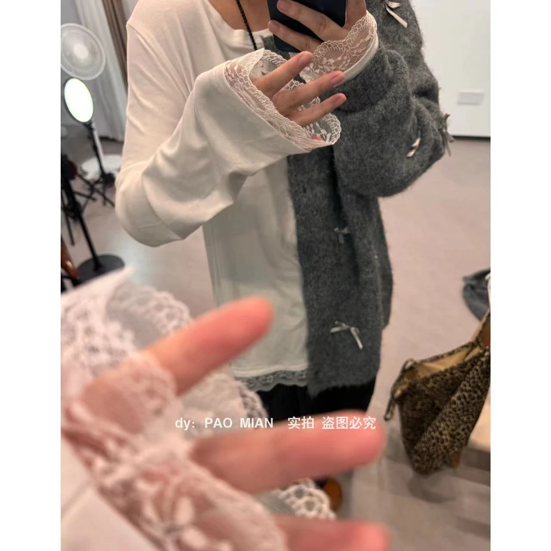【 PAOMIAN 】慵懒风秋季长款百搭宽松上衣长袖蕾丝打底圆领显瘦