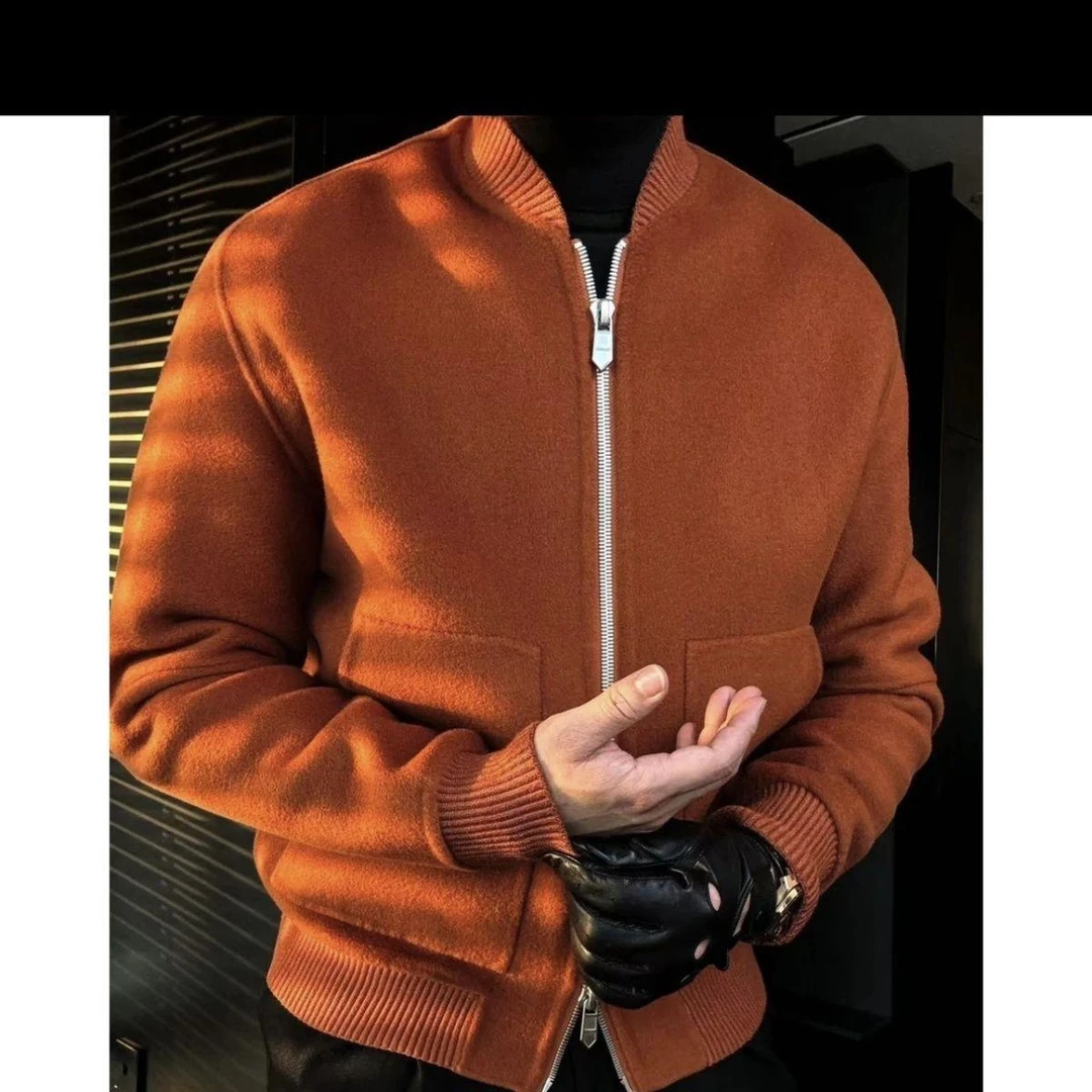 欧货秋冬新品纯色加厚毛呢棒球领外套男简约高端时尚保暖毛呢夹克
