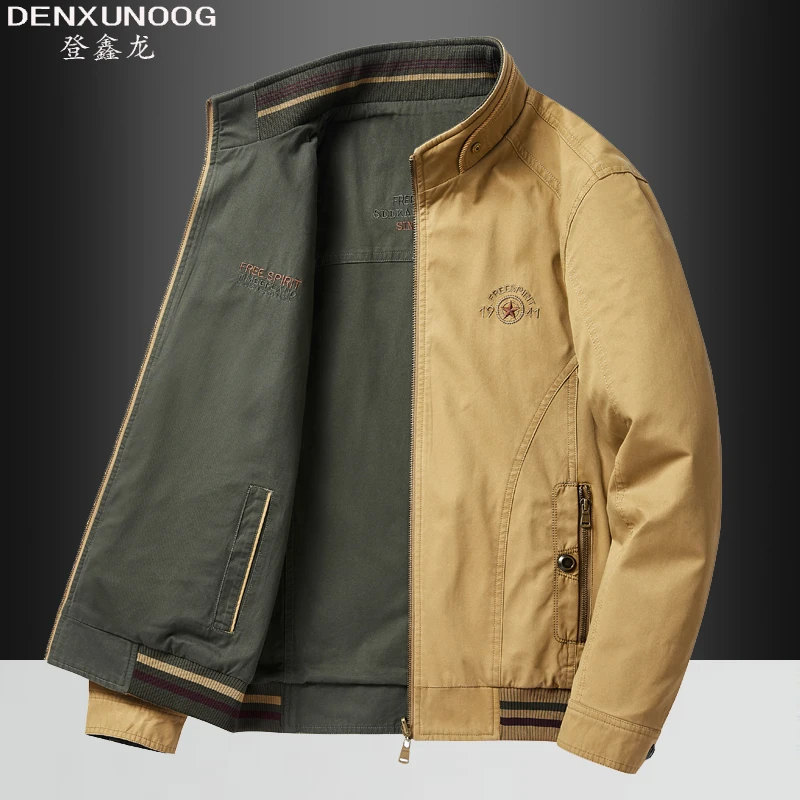 工装休闲男外套宽松大码纯棉双面穿夹克外套春秋季中老年立领夹克