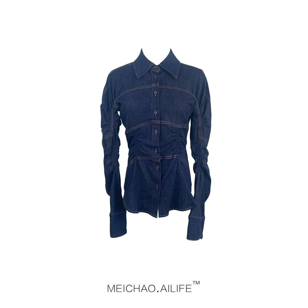 【AILIFE】新款时尚百搭休闲潮流设计感褶皱收腰牛仔衬衫外套S0317
