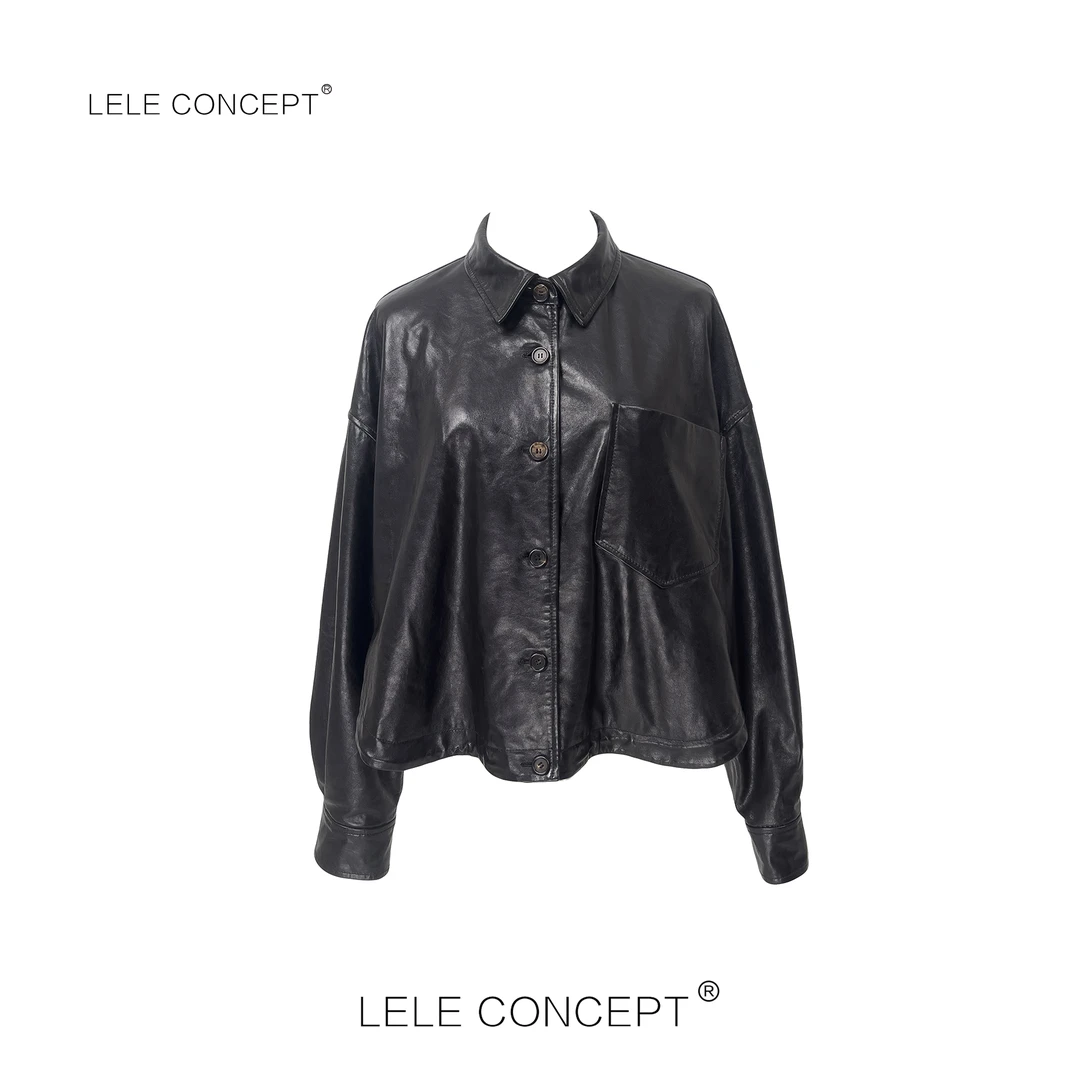 LELE CONCEPT丨轻奢设计师款单兜翻领短皮衣P0046
