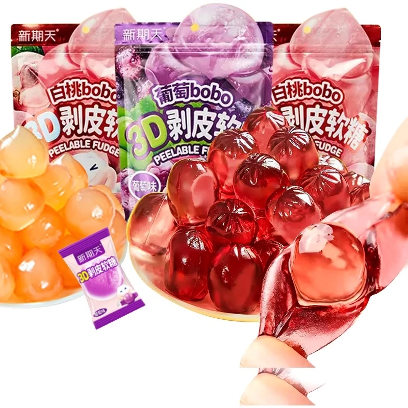 新期天3d剥皮软糖75g袋装50%果汁白桃葡萄味啵皮水果qq糖儿童零食
