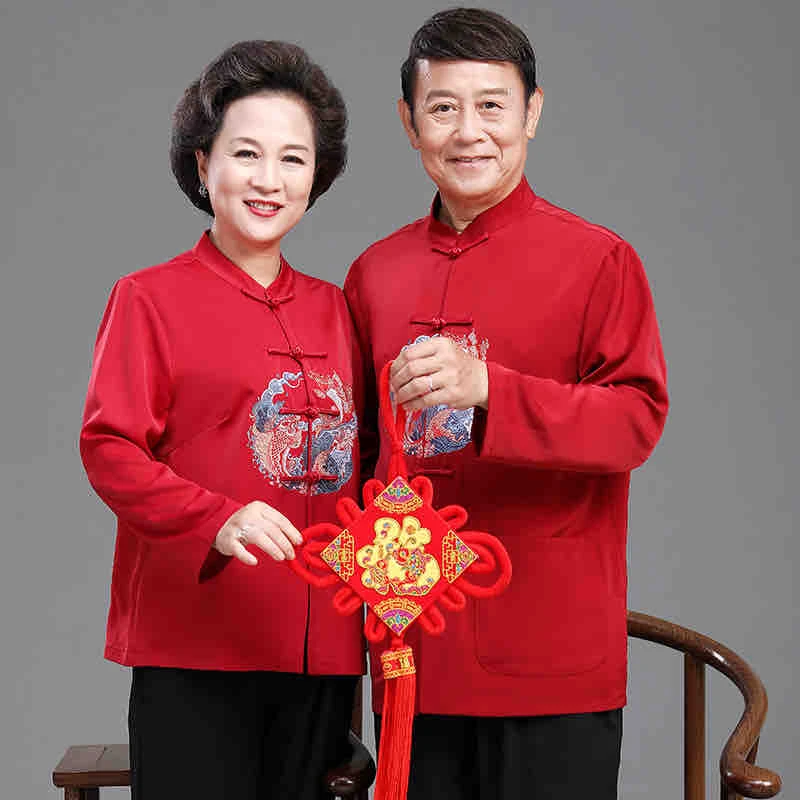 情侣款红色唐装爷爷奶奶春秋款长袖中式真丝生日婚礼寿宴礼服衬衫