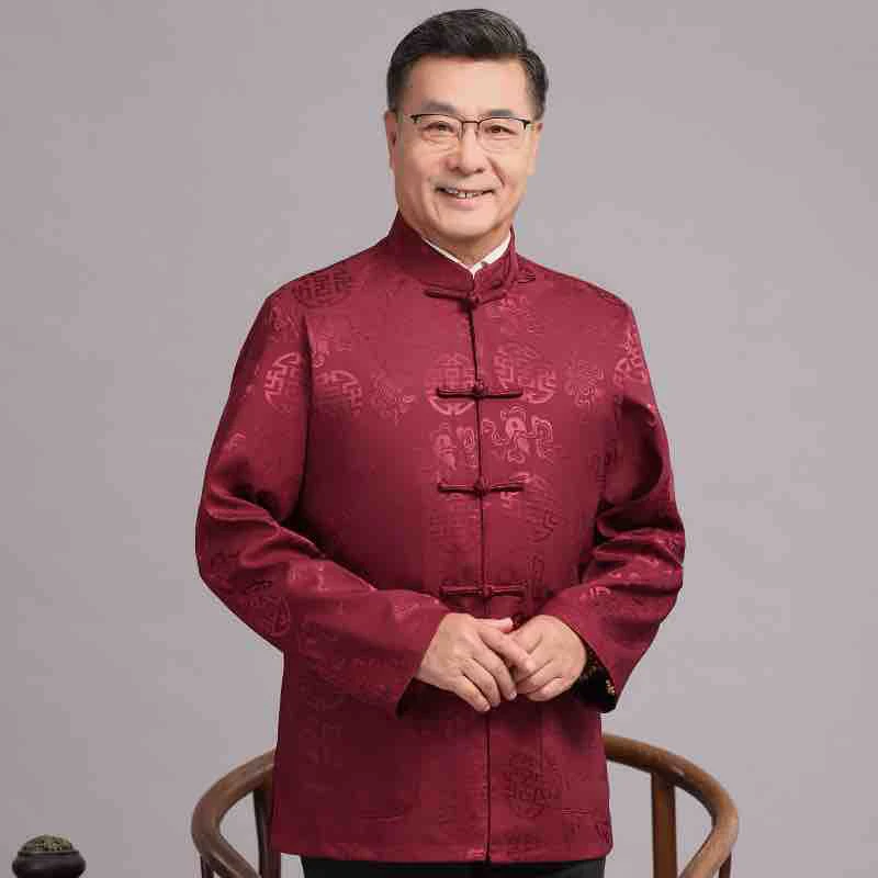 高档唐装男士春秋外套中国爸爸秋装外套中老年人爷爷中式提花汉服