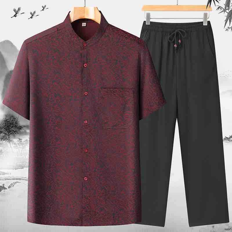 高档唐装上衣短袖夏季中老年爸爸装薄款套装中国风爷爷夏装2002