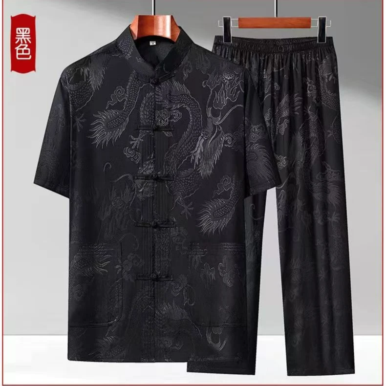 唐装男中老年冰丝夏季爸爸夏装短袖套装中国风中式衣服新款汉服