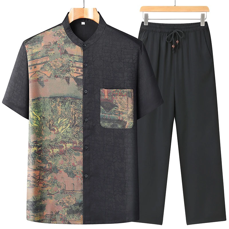唐装男士爸爸男装夏装短袖丝衬衫中老年人爷爷夏季休闲薄款套装