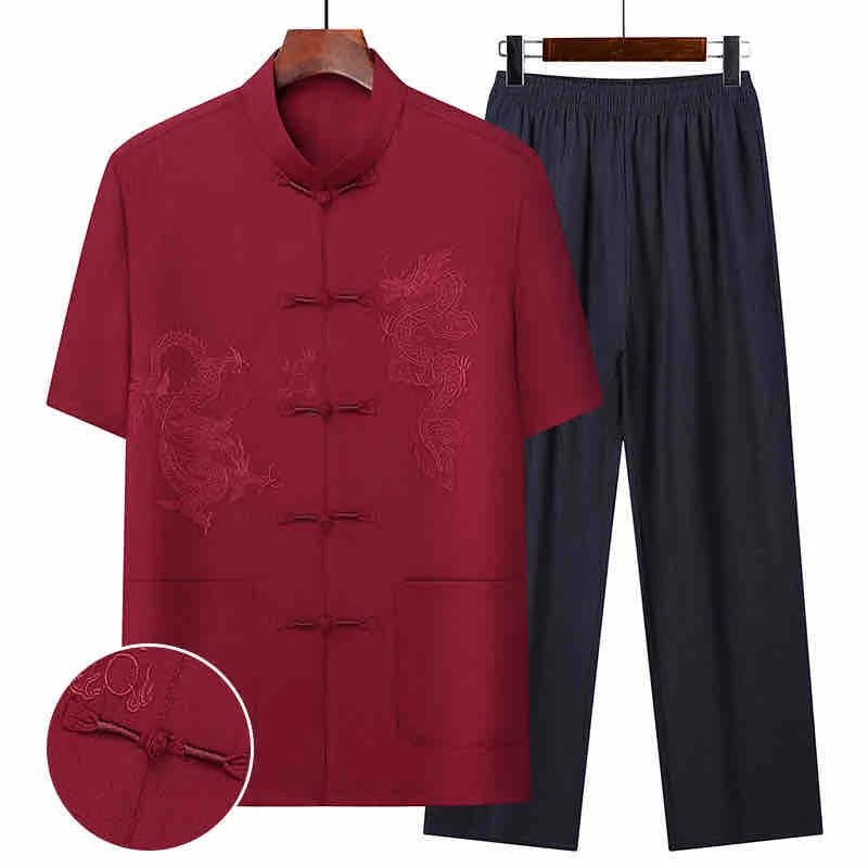男士夏季唐装中老年爸爸短袖套装中国风老人爷爷夏装薄款棉麻衣服