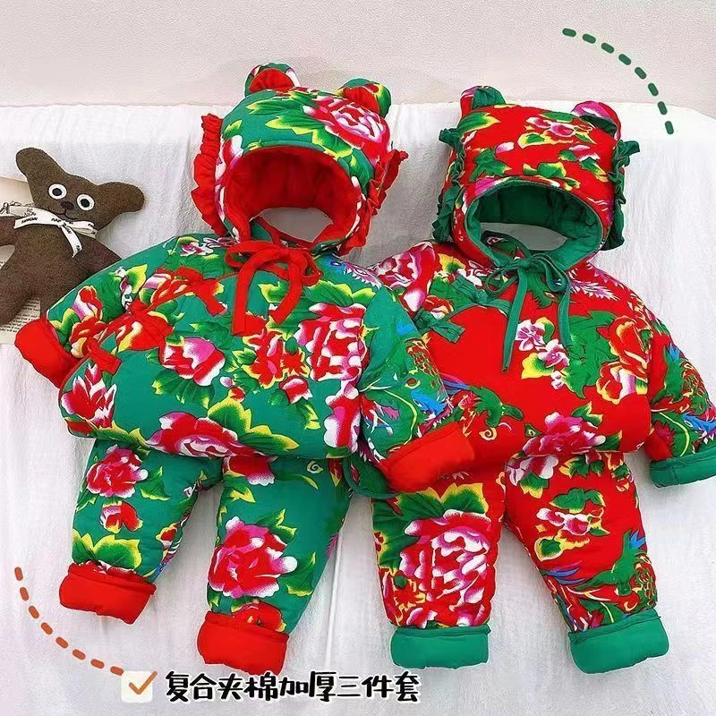 新品国潮东北大花女童棉衣儿童宝宝婴儿冬装套装男童过年