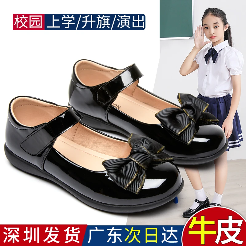 女童黑色演出鞋儿童单鞋真皮学生女孩软底公主鞋白花童礼仪鞋