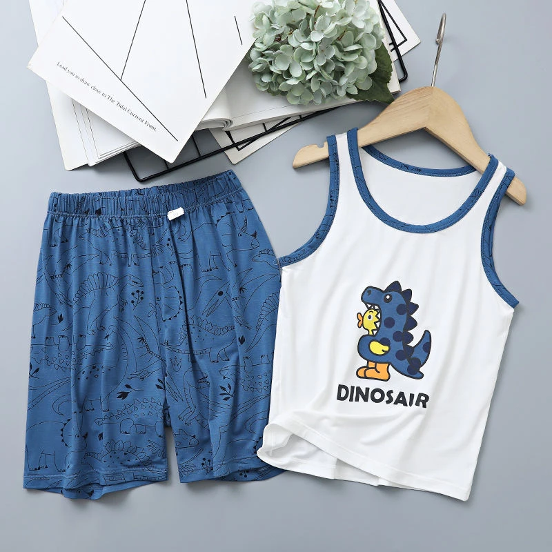 儿童冰丝背心夏季空调服男童3-14岁无袖中大童家居服宝宝睡衣套装