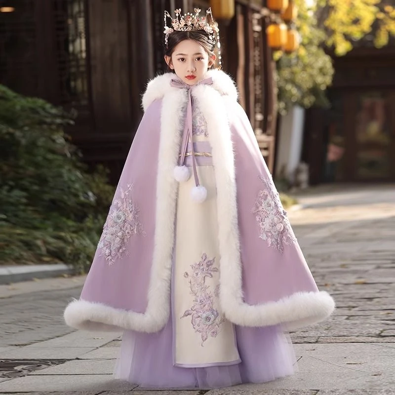 高端汉服女童冬款拜年服加绒加厚款儿童古风长款披风加厚斗篷