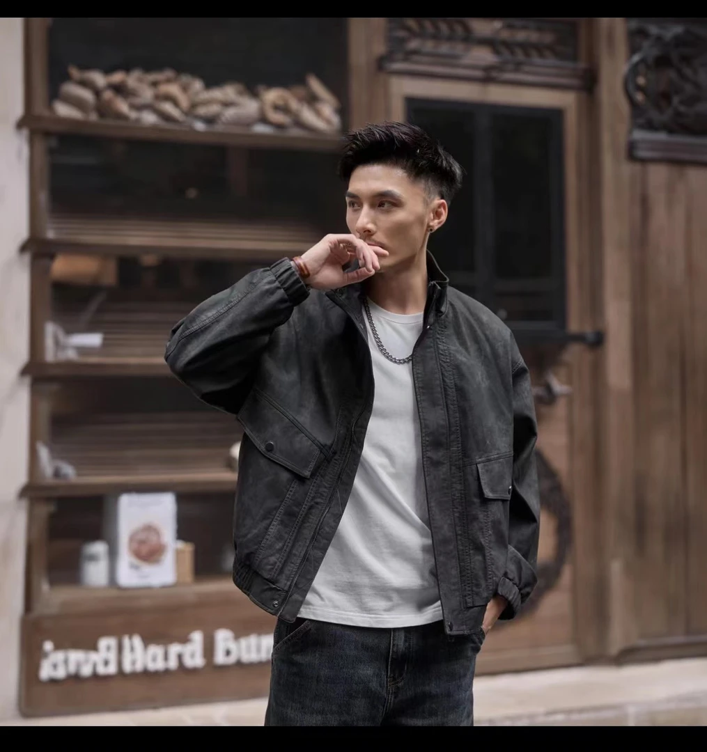 美式复古男士皮夹克男高街宽松休闲翻领机车皮衣外套帅气